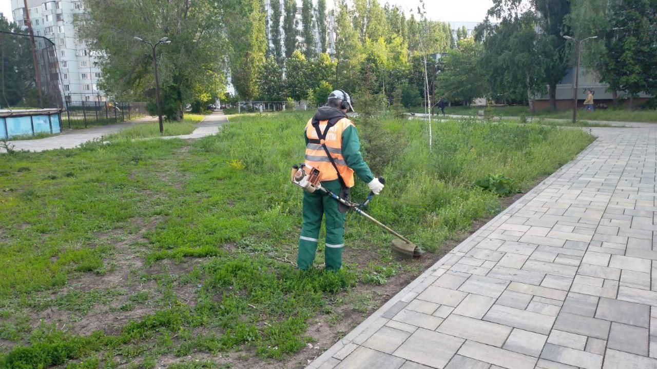Покос травы, сбор мусора, очистка прилотковой и осевых зон. В Балаково работы по благоустройству ведутся ежедневно